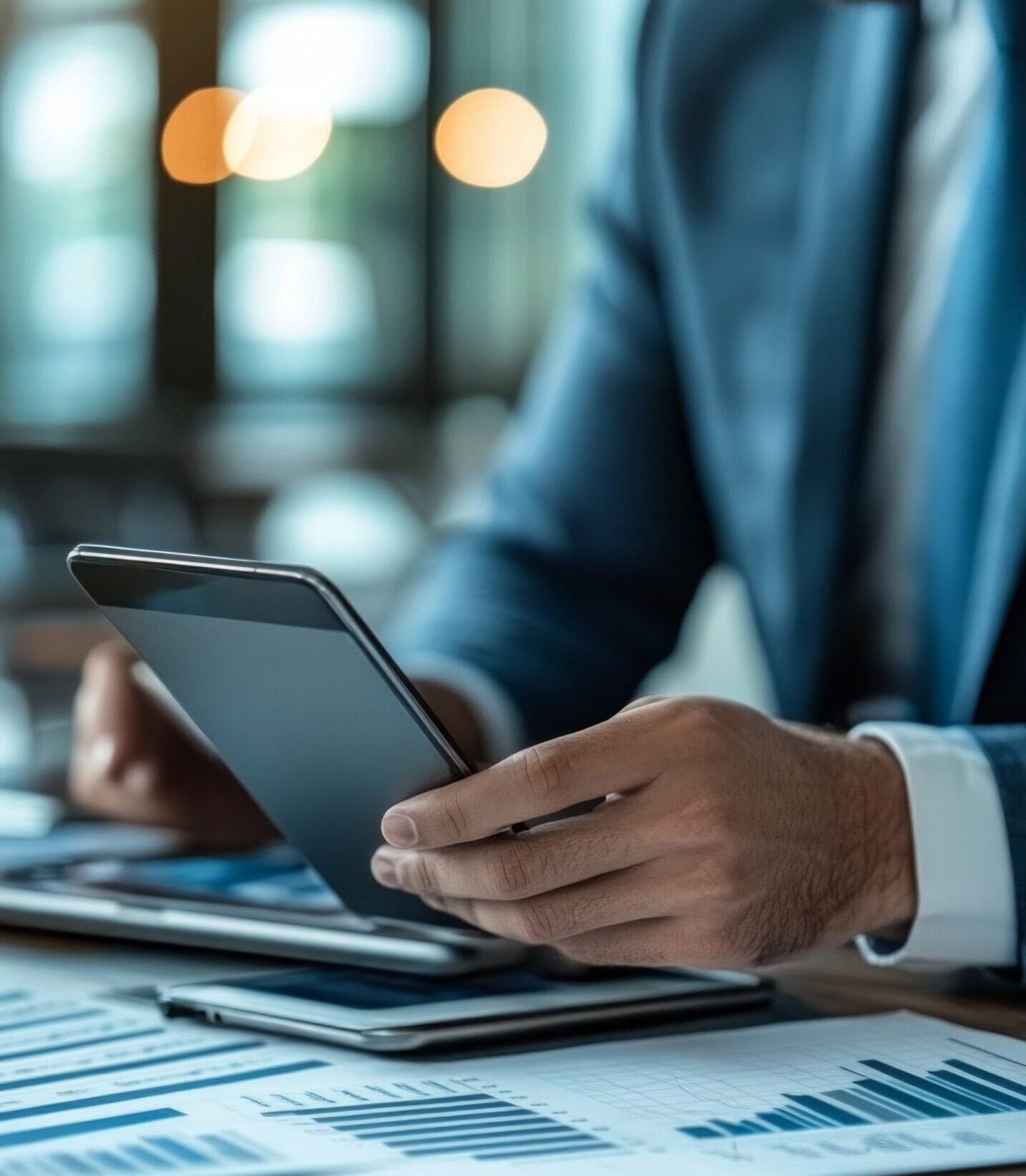 The image of a business man in a suit studying charts on a tablet is useful for business presentations, financial reports and advertising corporate services.